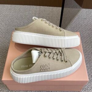 Miu Miu Beige Canvas Platform Mule Sneakers